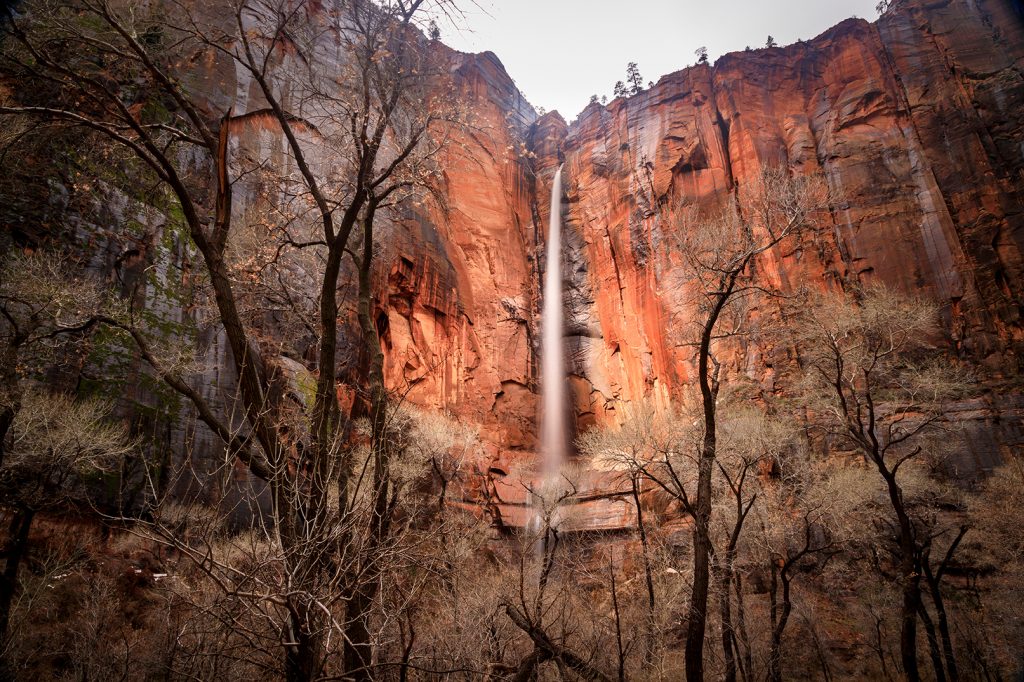 Rains create waterfall at Temple of Sinawava near the end of The Narrows.